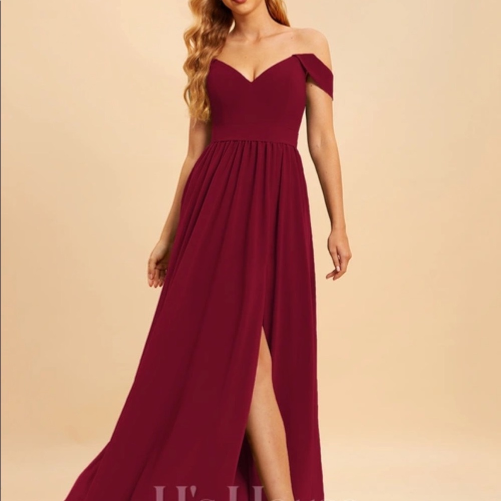 JJ’s House burgundy floor length bridesmaid dress